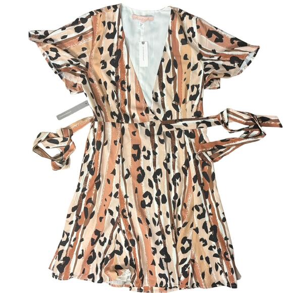 Hutch Anthropologie Blaise Brown Tan Leopard Motif Wrap Mini Dress sz S NEW Tags - Picture 11 of 12